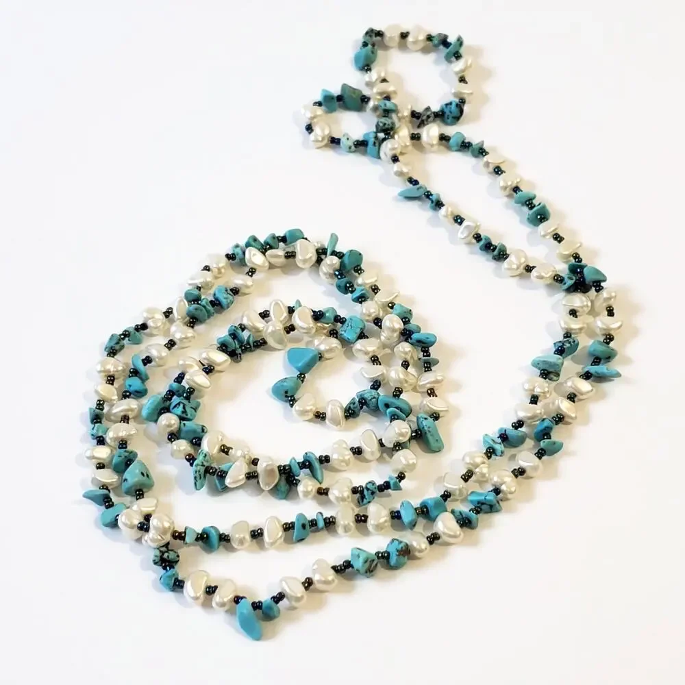 Freshwater Pearl And Turquoise Chip Boho Necklace No Clasp 60